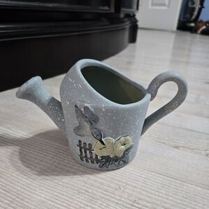 Vintage Speckled Ceramic Hummingbird Watering Can Planter